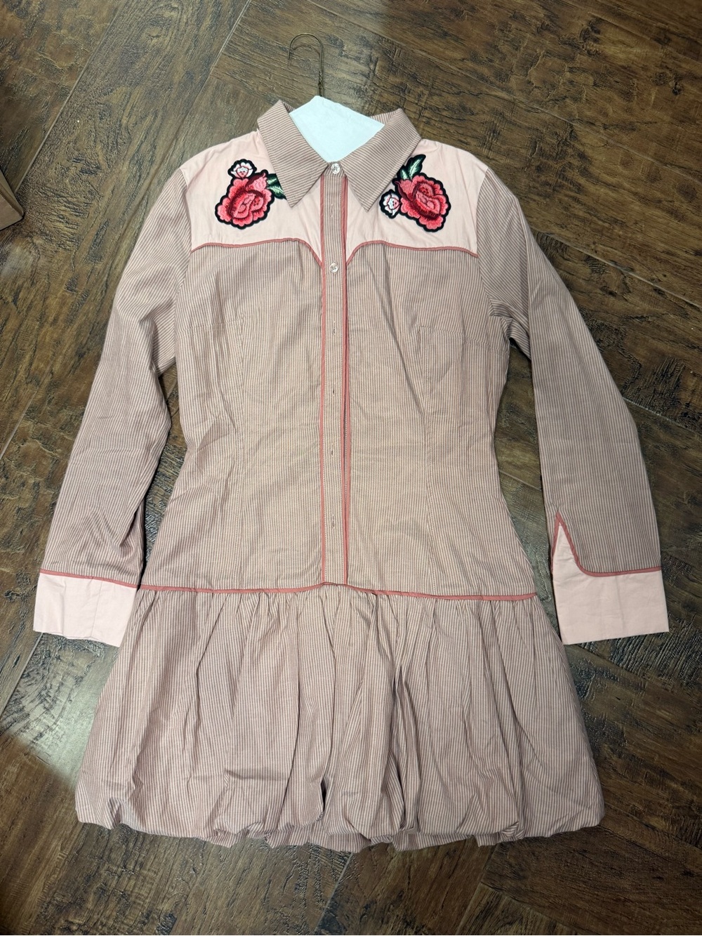 Striped Pink Floral Applique Long Sleeve Shirt Dress